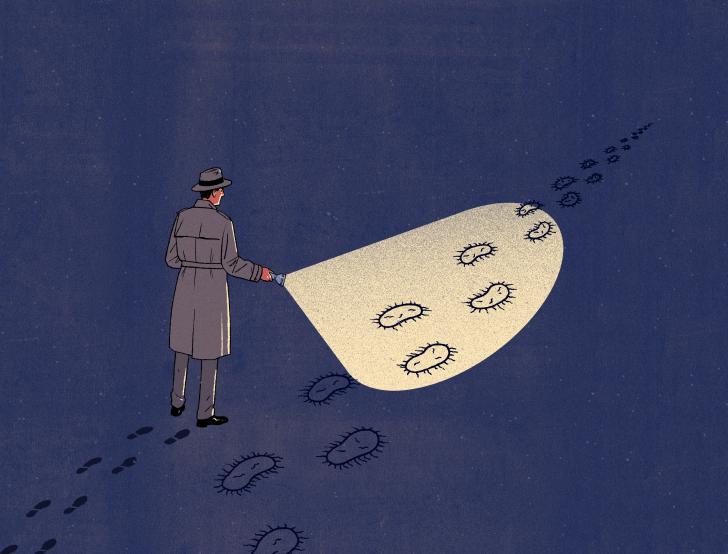 An illustration of a detective shining a flashlight on what looks like footprints but is actually the outline of little microbes