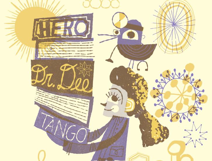 A whimsical illustration featuring a child with curly hair carrying books titled Hero, Dr. Dee, and Tango. A bird dressed in a doctor’s outfit sits on the child’s shoulder.