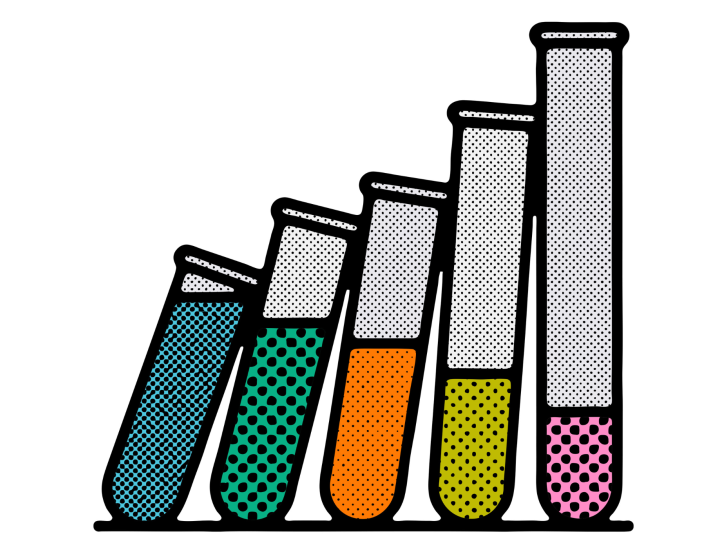 Illustration of five test tubes filled with colorful liquids: blue, green, orange, yellow, and pink. The tubes are starting to tumble like dominoes, and liquid in each tube decreases from left to right, resembling a bar graph. 