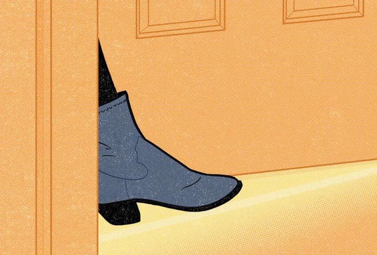 illustration of woman's boot stepping through a partially open door