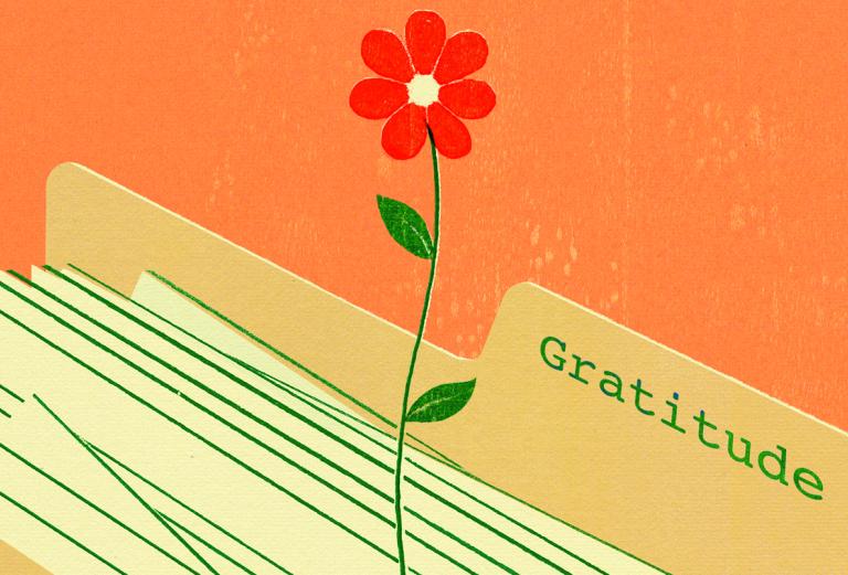 Illustration of a manila folder with a flower growing out of sheaves of paper