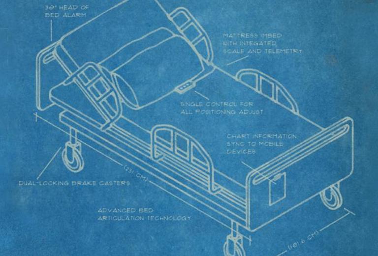 white drawing of a hospital bed on a blue background