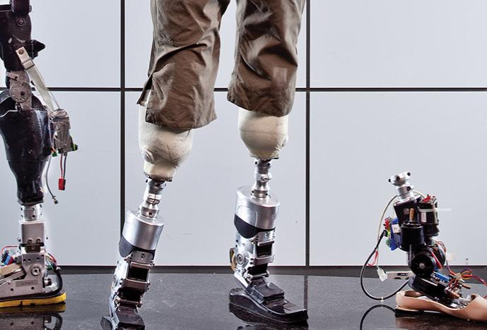 a lineup of robotic looking prosthetic limbs