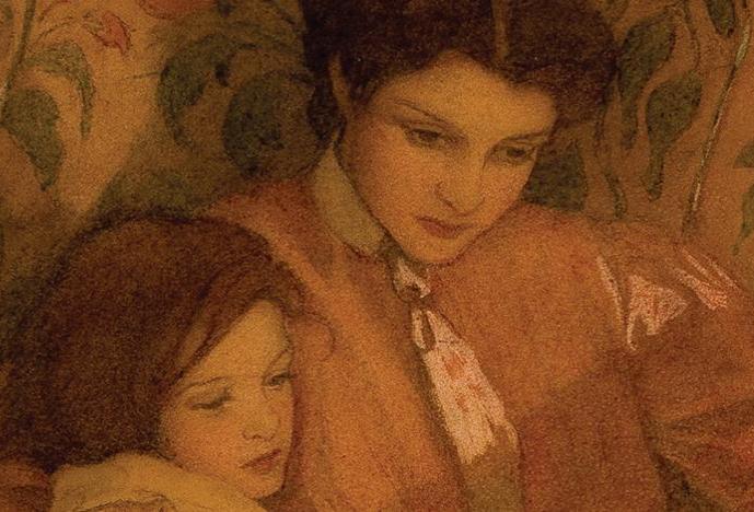 illustration of mother reading to young daughter