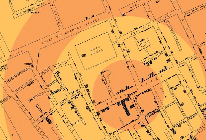 John Snow's 1854 map depicting cholera cases in London that year.