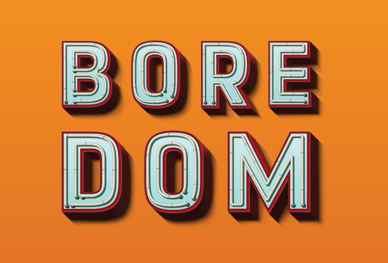 large blue letters on an orange background spelling boredom