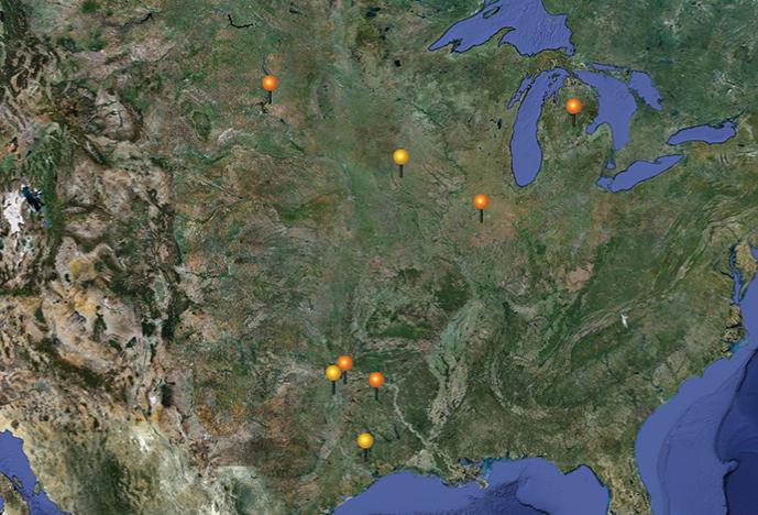 VIEW POINTS: The satellite image above shows the reported incidence of West Nile virus on June 21, 2013, as compiled by HealthMap scientists. Below are maps showing aggregated incidence over the previous five days (top), the previous two weeks, and the previous one month. The different colors of the pins indicate the severity of the outbreak, ranging from yellow (lowest) to red.