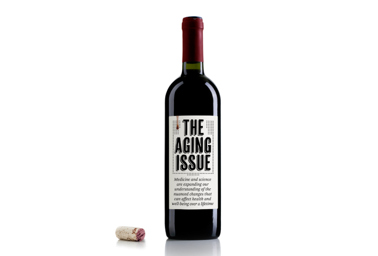 Bottle of wine with 'The Aging Issue' on the label