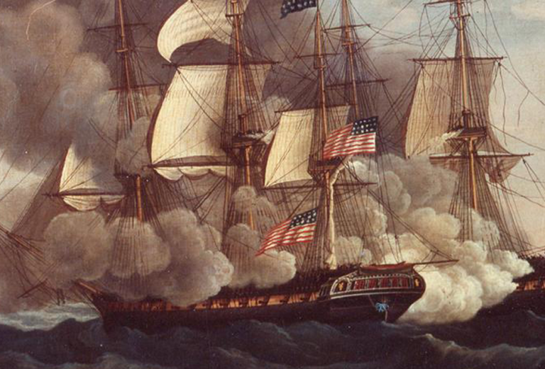 painting of two ships battling at sea