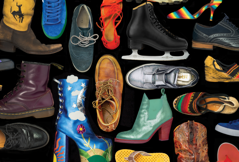 Array of shoes of varying colors and sizes and styles