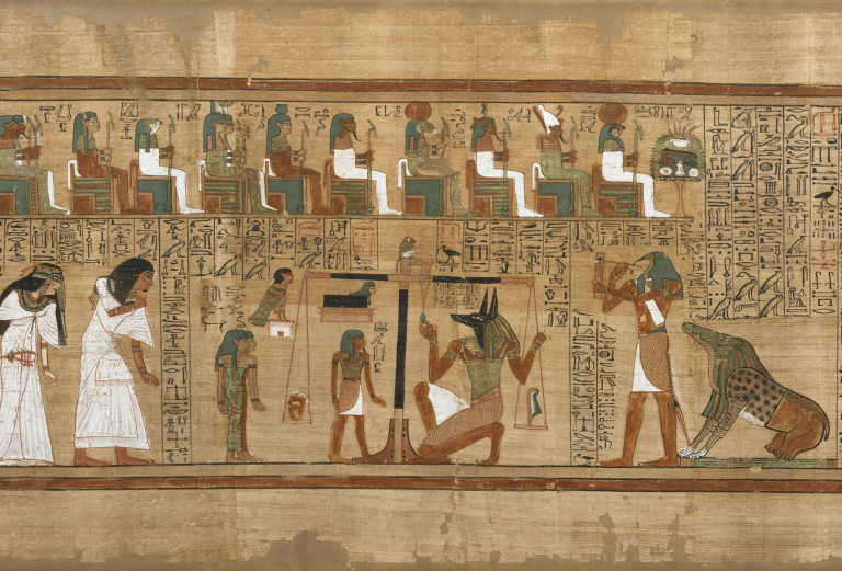 A papyrus scroll depicts a scene from the ancient Egyptian Book of the Dead in which a deceased person’s heart is weighed on a scale as the gods look on