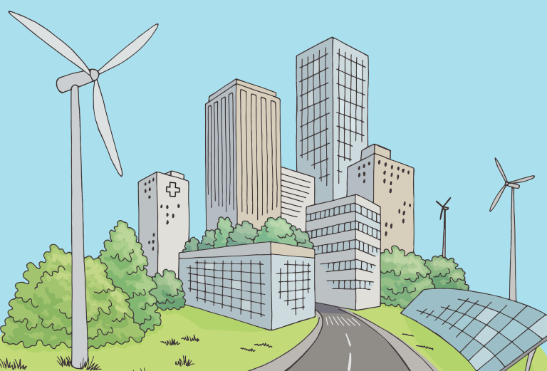 An illustration of a road into a city with a hospital building, windmills, and solar panels