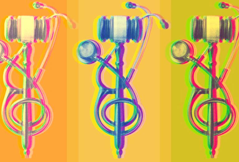 A colorful graphic shows a gavel entwined with a stethoscope.