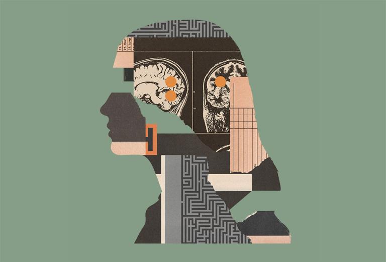A collage of images that together create the silhouette of a woman's face