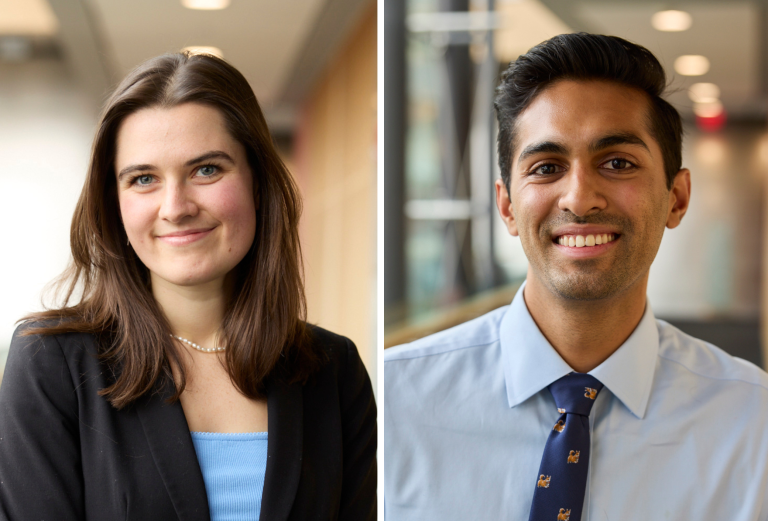 Split image of two young adults in business attire, a woman on the left in a blazer and a man on the right in a shirt and tie, both smiling in an indoor setting.