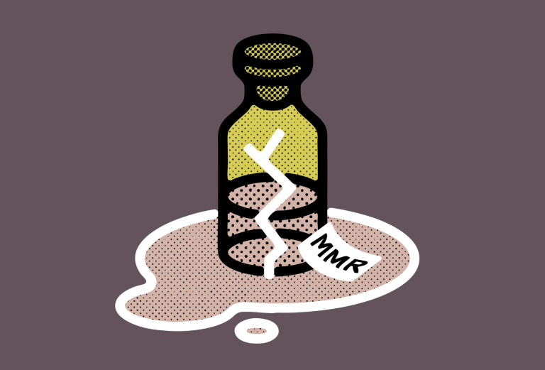 Illustration of a broken vial labeled "MMR" with a crack, leaking contents on a purple-gray background.