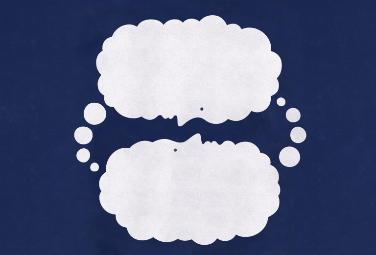 An illustration of two thought bubbles facing one another