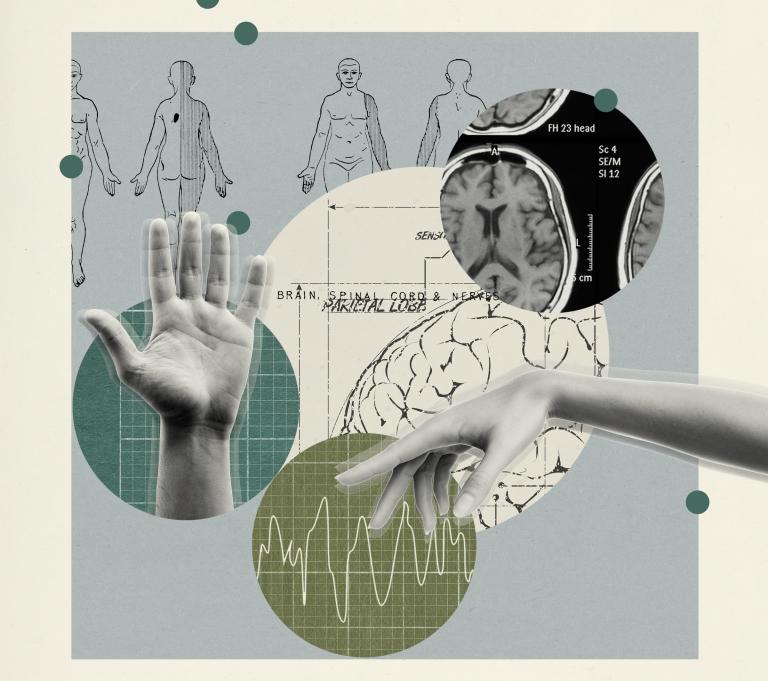 Collage of medical themes, including a blurry hand implying a tremor, MRI images, and an EEG chart.