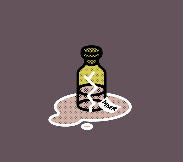 An illustration of a broken vaccine vial, with liquid spilling out. A label reads "MMR."
