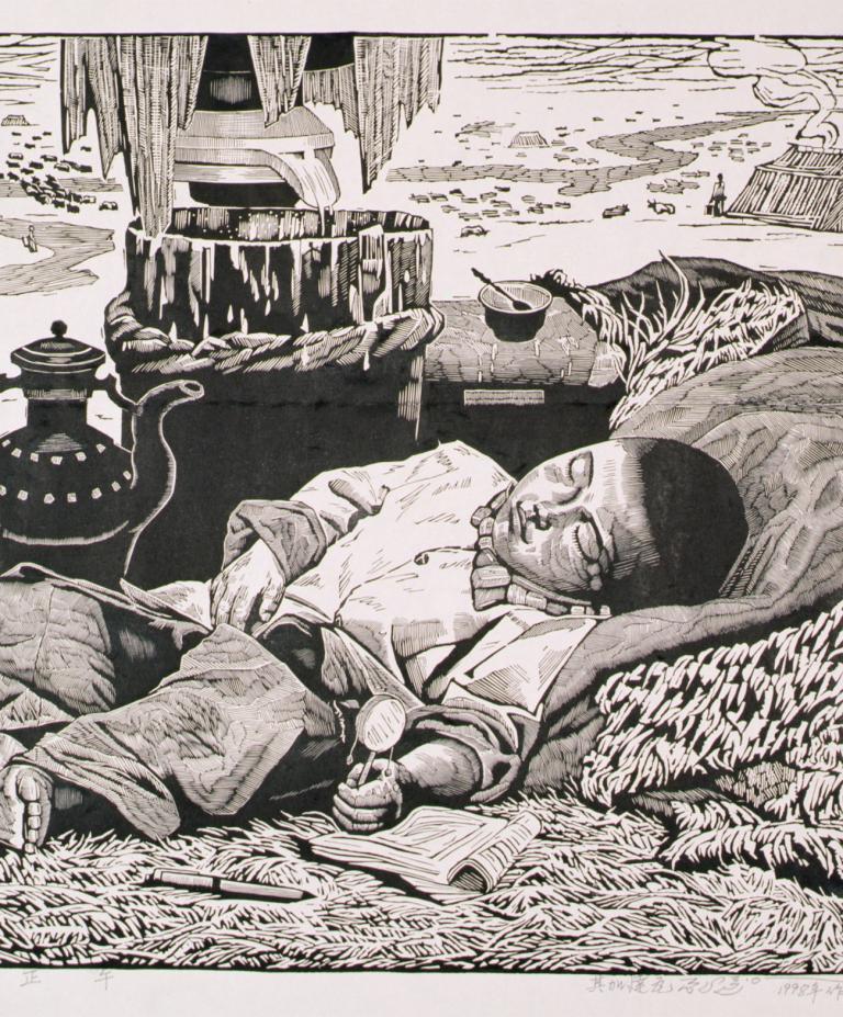 woodcut of a small boy sleeping outdoors in a rural setting