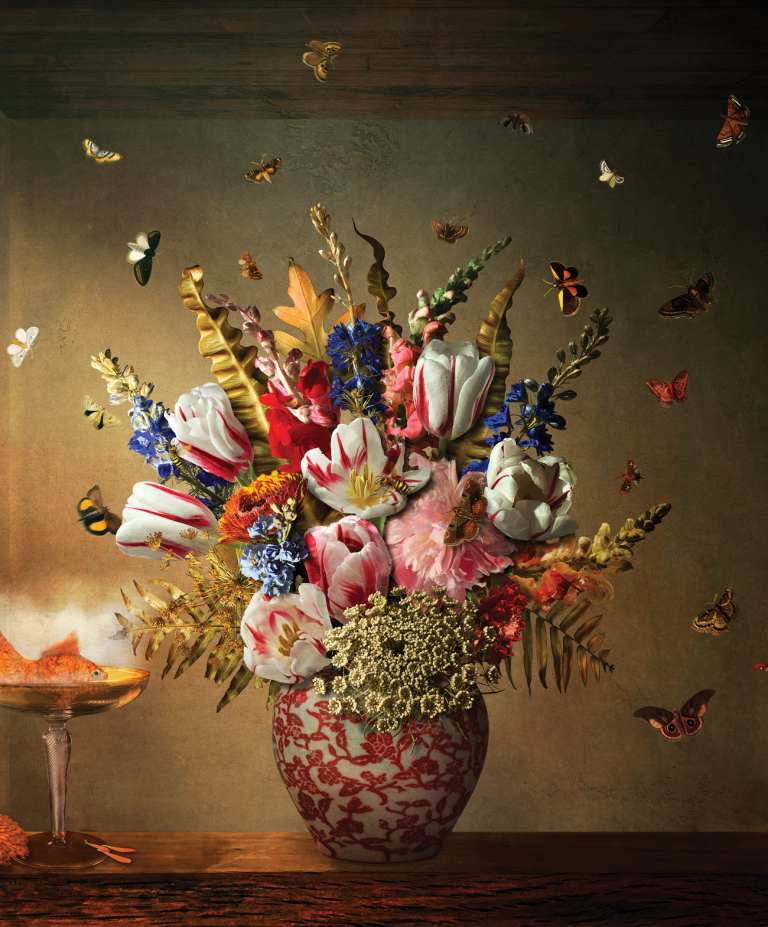 artwork by Maggie Taylor featuring a vase of flowers with butterflies flying around it