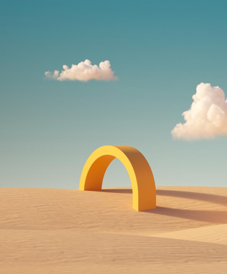 abstract scene featuring a small yellow arc on a desert scape with puffy clouds in a blue sky