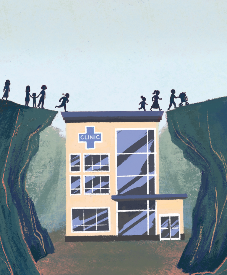 illustration of a community clinic providing a bridge for people 
