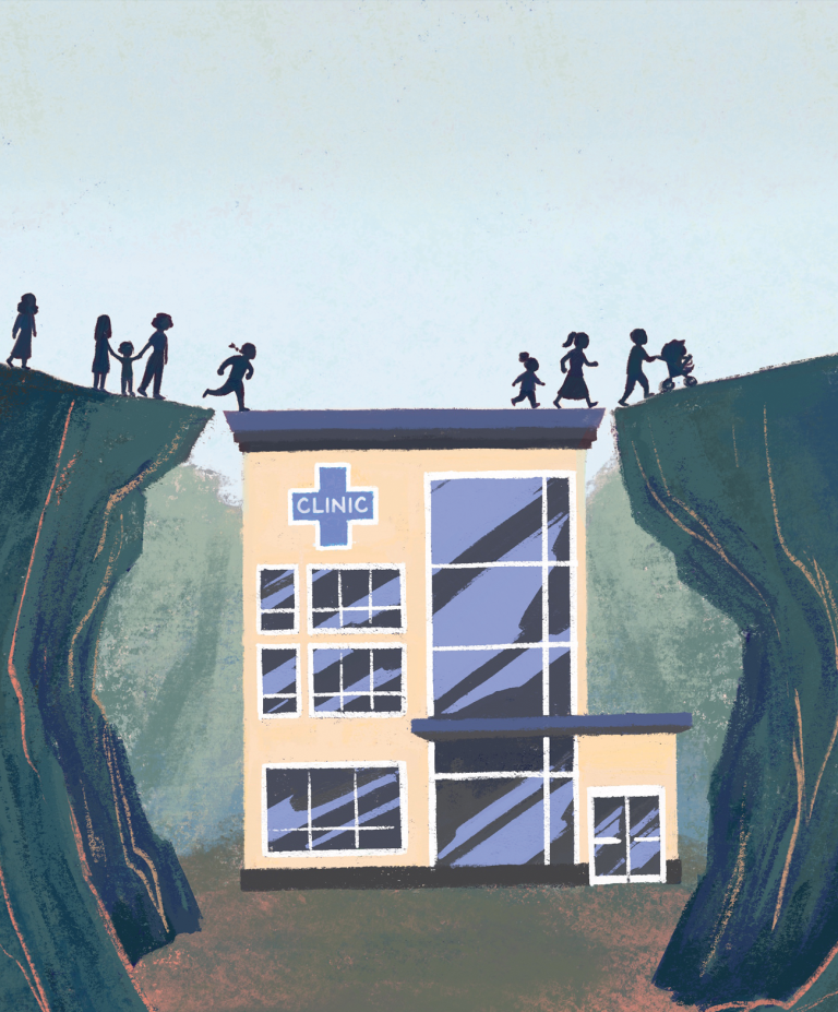 illustration of a community clinic providing a bridge for people