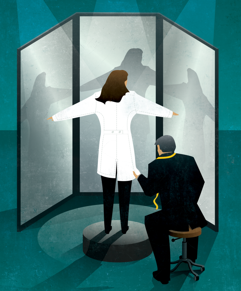 illustration of a young woman standing on a small raided platform in front of a three-panel mirror while a tailor marks the adjustment needed to the hem of her white coat 