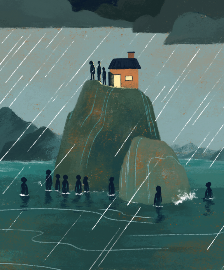 Illustration with dark clouds and rain, a very tall rock juts out of the water, on its top satnd a few people and a small building with an open door while at the base of the rock stand many people, waist deep in water