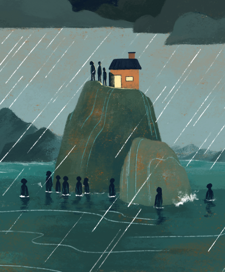 Illustration with dark clouds and rain, a very tall rock juts out of the water, on its top satnd a few people and a small building with an open door while at the base of the rock stand many people, waist deep in water 