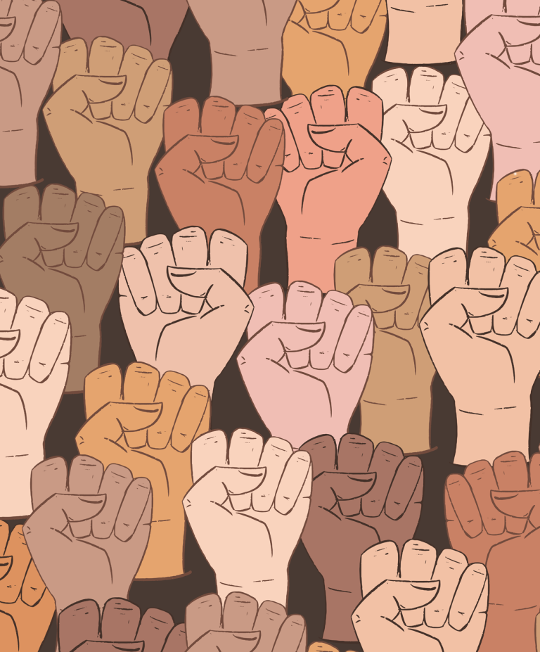 collection of ethnically diverse raised fists