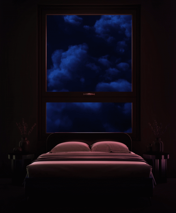 a bed with ominous dark clouds in a window above 