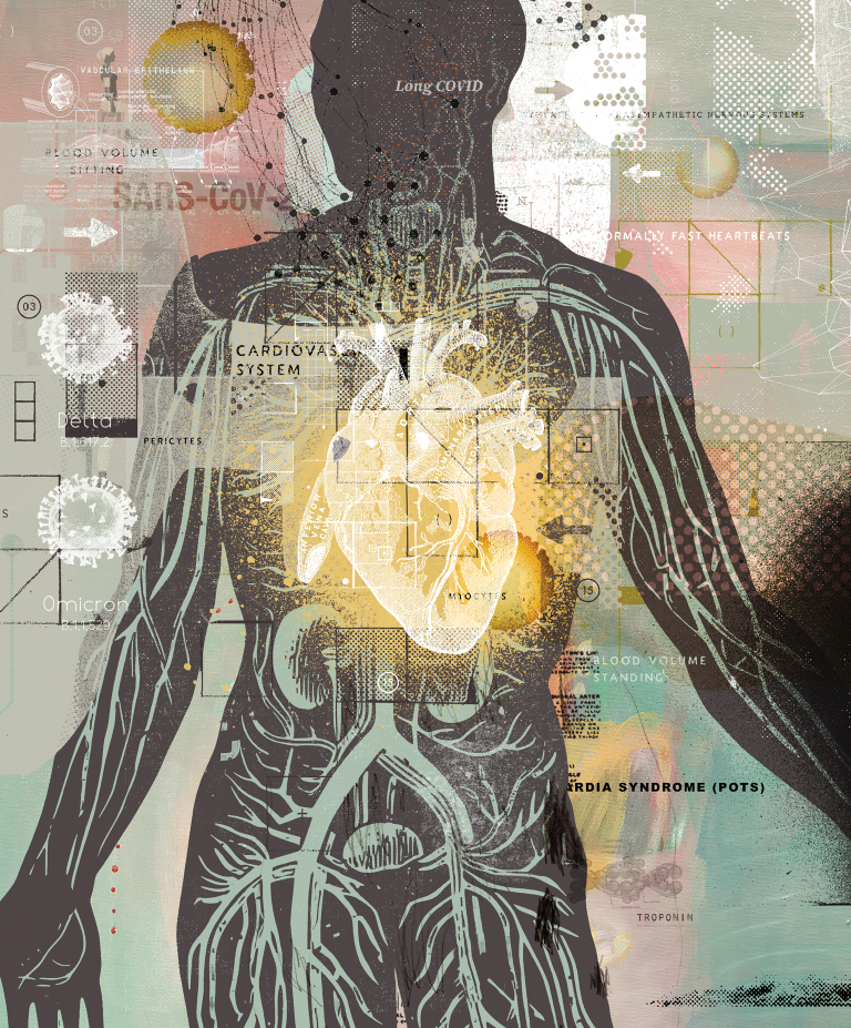 A collage illustration depicts an enlarged, glowing heart against the background of a person's body