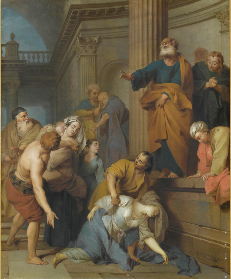 A painting depicts a pale woman who has collapsed as a man holds her arm and other individuals crowd around her, looking on.