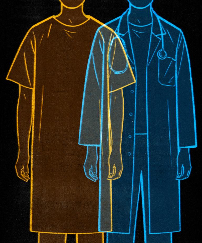 A sketch of a doctor, in blue, and patient, in yellow, next to one another against a black background. They are slightly overlapping.