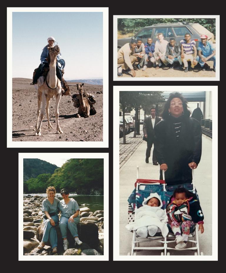 A collection of photos from alumni on various trips. One riding a camel in the desert, another sitting with a friend by a river, another with a group of people kneeling in front of a car, and another pushing two babies in a stroller.