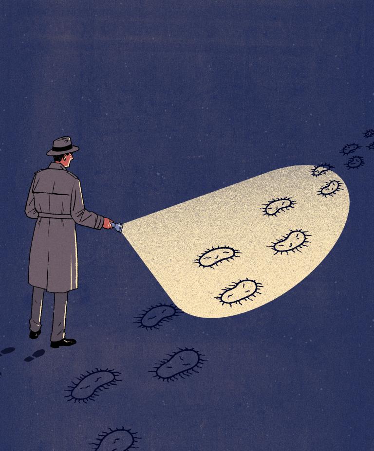 An illustration of a detective shining a flashlight on what looks like footprints but is actually the outline of little microbes