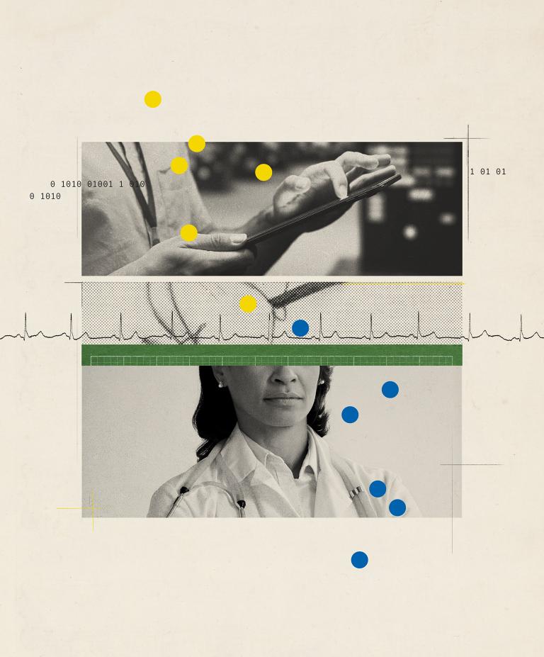 A conceptual collage of images related to artificial intelligence and medicine, including a doctor, a person holding a tablet, and an electrocardiogram.