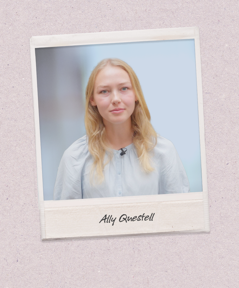 A headshot of Ally Questell appears on a polaroid-style photo against a beige background.