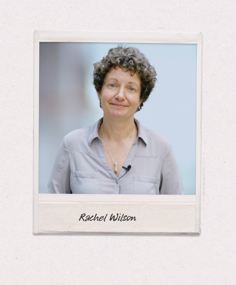 A polaroid-style image shows a woman with short curly hair in a grey button down shirt speaks to the camera