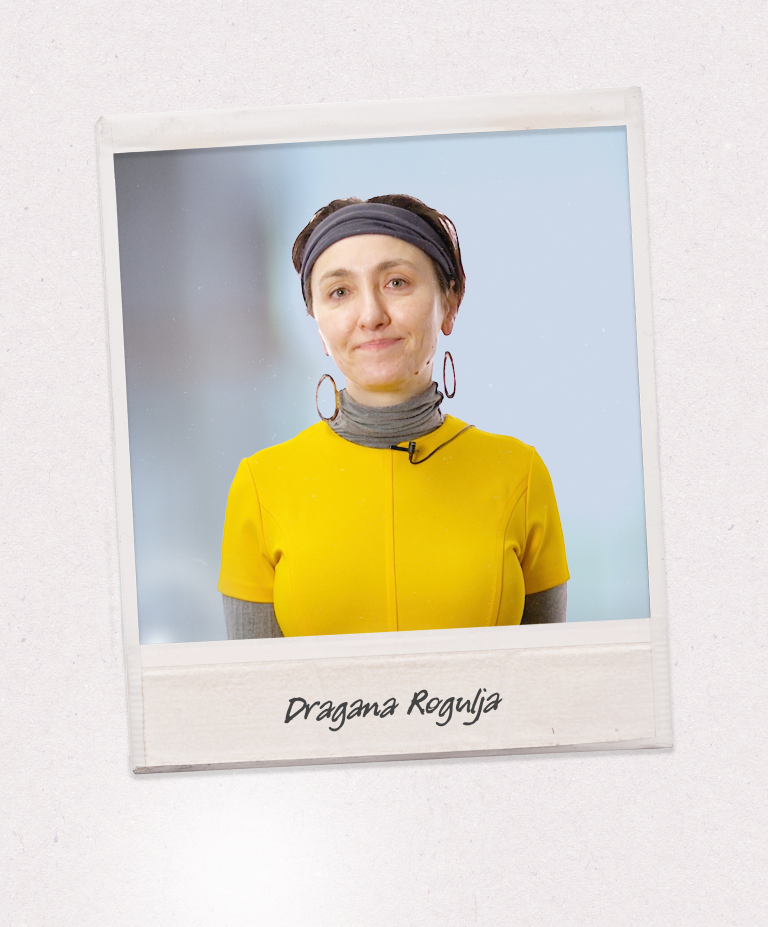 A headshot of Dragana Rogulja appears on a polaroid-style photo against a beige background