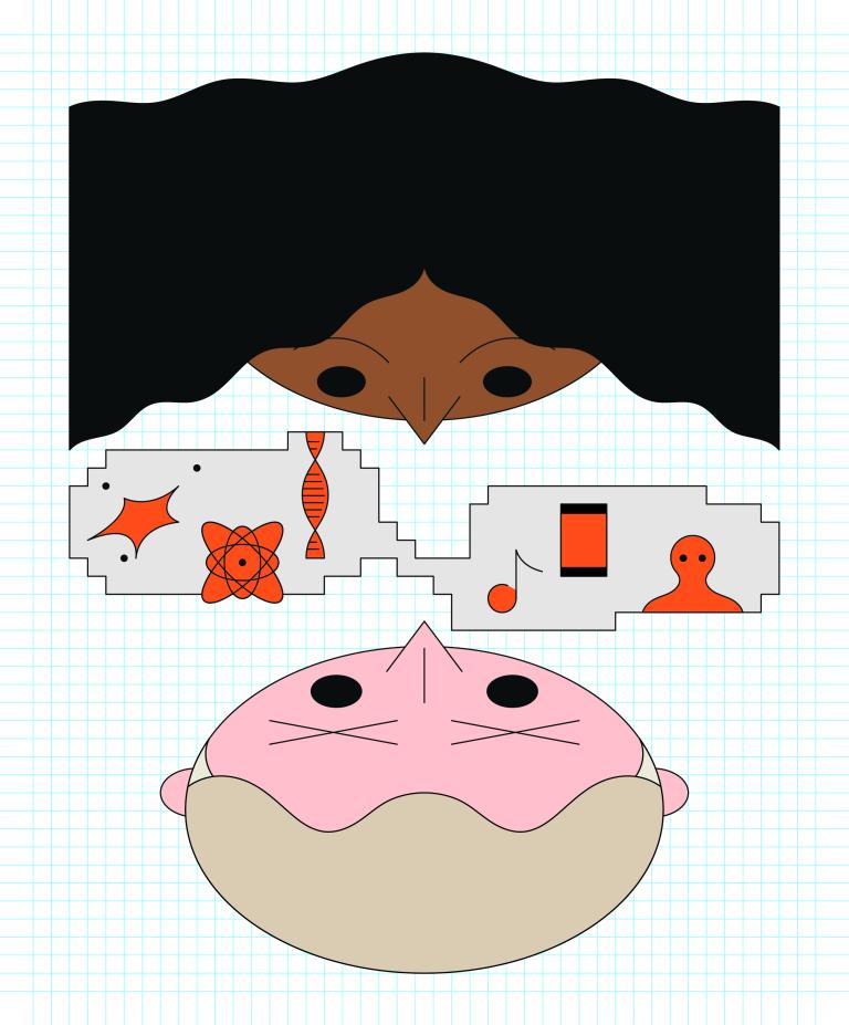 Illustration of two stylized faces with abstract speech or thought bubbles on graph paper background. One person’s bubble includes DNA and atoms; the other person’s shows a smartphone and a person and a musical note.