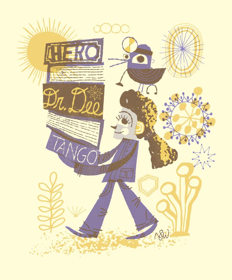 A whimsical illustration featuring a child with curly hair carrying books titled Hero, Dr. Dee, and Tango. A bird dressed in a doctor’s outfit sits on the child’s shoulder.
