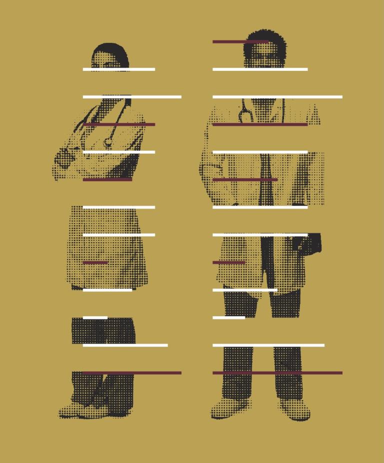 Pixelated image of a male and a female doctor on a beige background, with sections of their bodies erased and disrupted by lines. The tone is abstract and conveys digital distortion. 