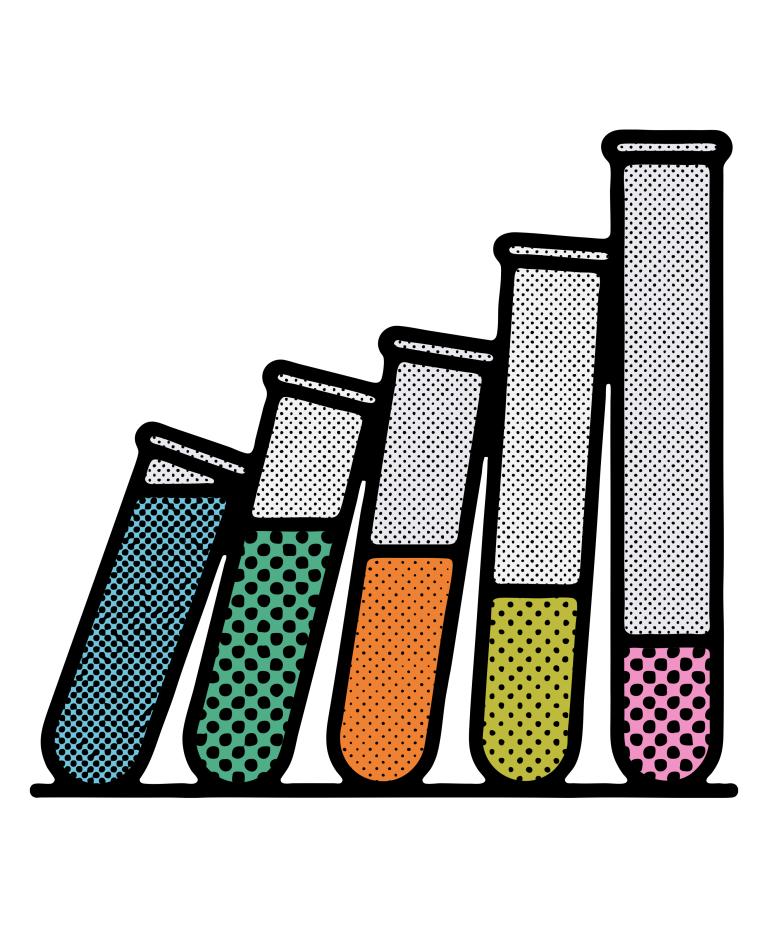 Illustration of five test tubes filled with colorful liquids: blue, green, orange, yellow, and pink. The tubes are starting to tumble like dominoes, and liquid in each tube decreases from left to right, resembling a bar graph. 