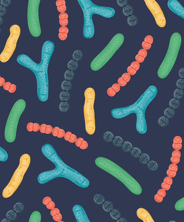 Colorful illustrated bacteria in blue, green, yellow, red, and gray, on a dark blue background. The design is playful and abstract.