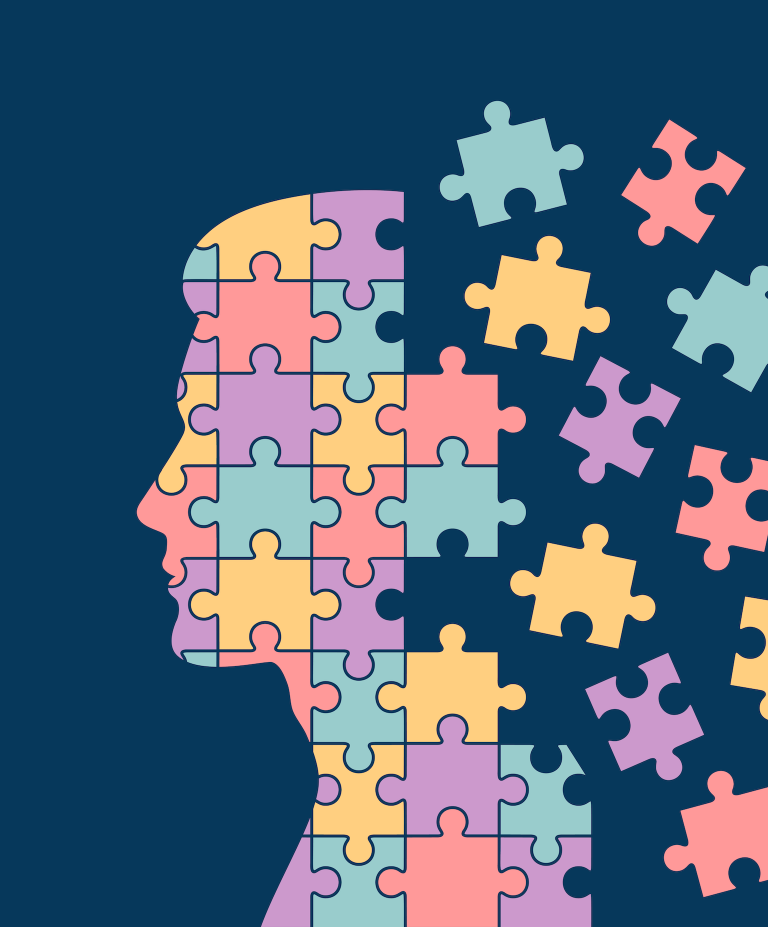 An illustration of a profile silhouette of a human head composed of interlocking pastel-colored puzzle pieces. Several pieces are breaking away from the back of the head and floating into a dark blue background.