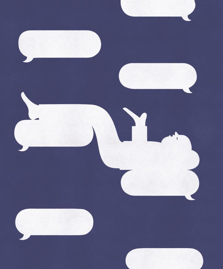 Illustrated silhouette of a person lying on white speech bubbles against a dark blue background.