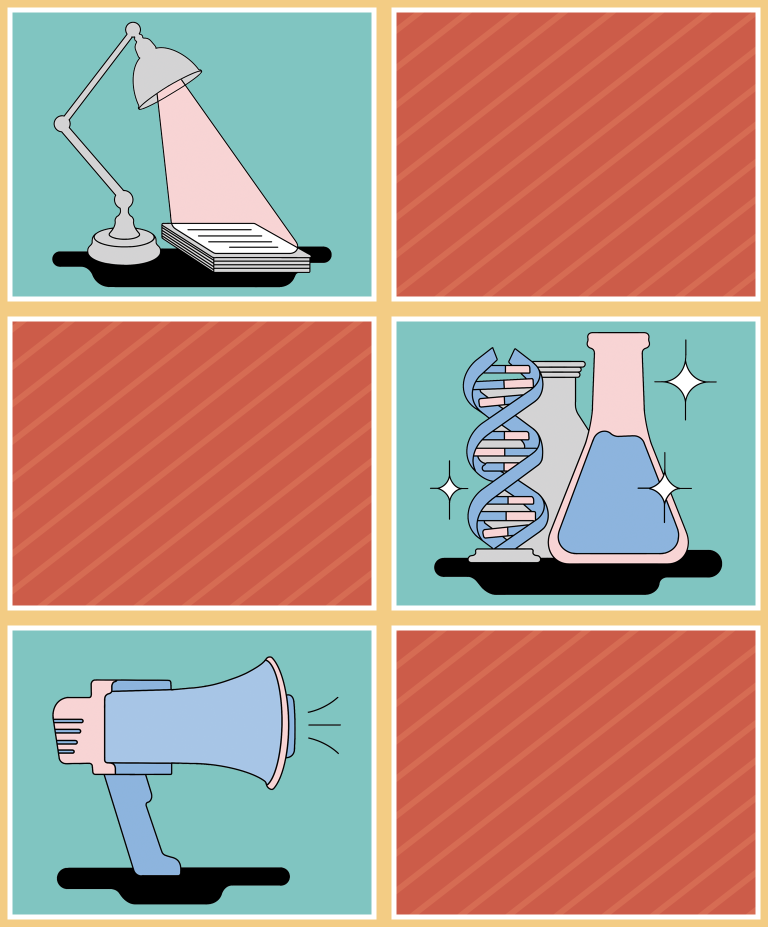 Illustrated grid with panels depicting different icons, such as a desk lamp shining on paper, a megaphone, and DNA with a beaker, each on a teal background, alternating with blank red panels.